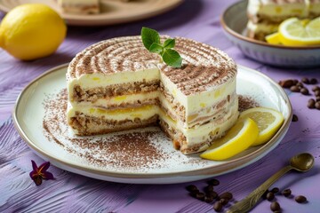 Sticker - No bake Tiramisu cake with lemon served on clay plate on purple wooden backdrop Italian Valentine s dessert