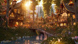 Fototapeta Konie - Fantasy houses in magic forest, scenery of fairy tale village