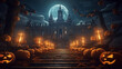 Jack O Lanterns pumpkins and candles glowing at spooky mysterious castle