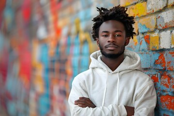 Wall Mural - Energetic Black teenager in white hoodie standing against vibrant wall. Concept Fashion Photography, Street Style, Vibrant Colors, Urban Background, Modern Teen Style
