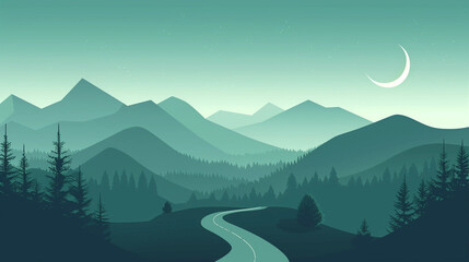 Wall Mural - copy space, A flat graphic of an evening mountain landscape, with simple shapes and muted green and blue tones. A road leading into the mountains, trees on both sides. A crescent moon is above the sky