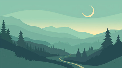 Wall Mural - copy space, A flat graphic of an evening mountain landscape, with simple shapes and muted green and blue tones. A road leading into the mountains, trees on both sides. A crescent moon is above the sky