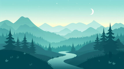 Wall Mural - copy space, A flat graphic of an evening mountain landscape, with simple shapes and muted green and blue tones. A road leading into the mountains, trees on both sides. A crescent moon is above the sky