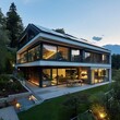 A sleek house with solar panels on the roof, promoting renewable energy practices
