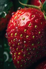 Poster - Close-up of a juicy strawberry with glistening water droplets, perfect for food and health-related designs