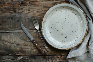 Sticker - Top view of wooden rustic table with empty plate knife and fork