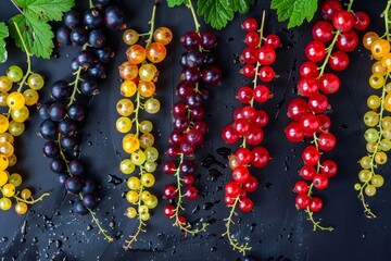 Wall Mural - Top view of various fresh ripe currants as a background