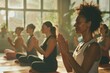 Group of women sitting in a yoga pose, suitable for wellness and lifestyle concepts