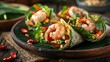 Thai dishes. traditional Thai snack miang kum, Wraps of mini salad with Thai shrimp. 