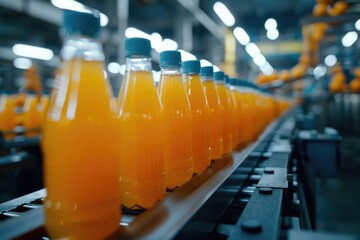 Wall Mural - Line of orange juice bottles on a conveyor belt, suitable for manufacturing or beverage industry concepts
