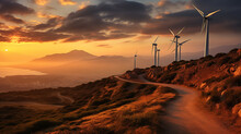 Renewable Energy Dawn, Wind Turbines Over Mountains At Sunrise