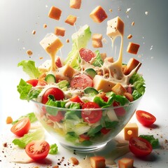 Wall Mural - Close-up of a bowl of caesar salad, ingredients falling into the bowl on white background