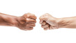 close up of a fist bump against isolated on white background
