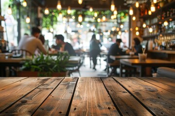 Poster - Wooden table top with blurred people in cafe background for product display or key visual design