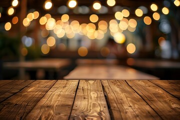 Poster - Wooden table with abstract restaurant light background