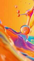 Wall Mural - A closeup of colorful, swirling bubbles and shapes floating in liquid on an orange background.  illustration made with Generative Ai
