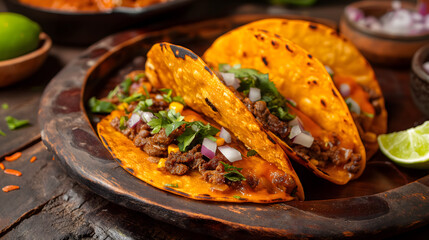 Wall Mural - Authentic Mexican Tacos with Grilled Meat and Fresh Garnishes