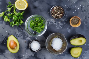 Wall Mural - A bowl of salt and pepper sits on a counter next to a bowl of parsley and a lemon