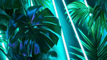 Canvas Print - Green and Blue Neon Light with Tropical Leaves