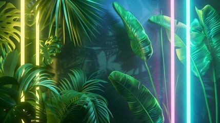 Sticker - Green and Blue Neon Light with Tropical Leaves