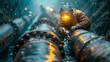 Detailed view of an underwater welder repairing a pipeline, surrounded by bubbles and underwater
