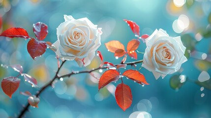 Wall Mural - two long stemwhite roses on the branches, with red leaves and dewdrops