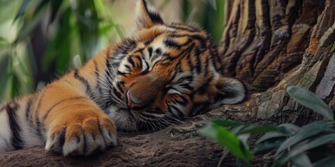 Wall Mural - a baby tiger is sleeping on a tree branch. concept of innocence and tranquility, as the young animal