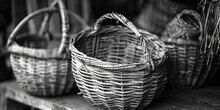 Three Wicker Baskets On A Wooden Shelf, Perfect For Home Organization