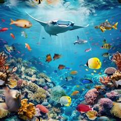 Poster - Underwater scene with majestic manta ray, suitable for marine life concepts