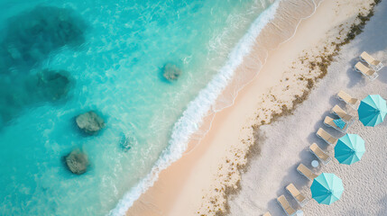  Aerial View of a Pristine Tropical Beach with Sunshades and Turquoise Sea