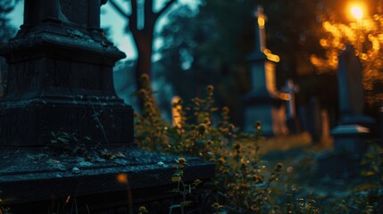 Wall Mural - A spooky cemetery at night with sunlight filtering through the trees. Suitable for Halloween themes