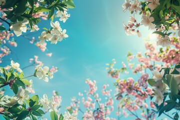 Wall Mural - Springs sky with clear blue sky and green leaves on the trees