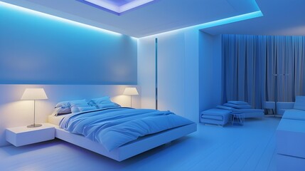 Interior of illuminated modern bedroom with light walls