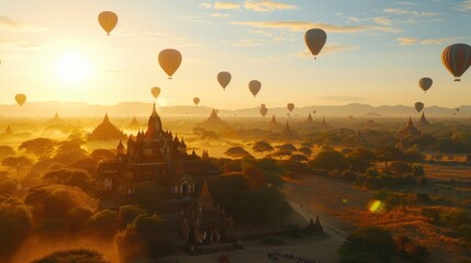 Poster - Colorful hot air balloons soaring above urban landscape. Perfect for travel or adventure concept