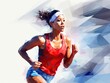 Running female athlete in sportswear. Energetic young woman. Marathon runner. Sport. Acrylic painting background made with paint strokes. Illustration for cover, card, interior design, brochure, etc.