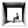 A man is sitting in a confined space looking down and feeling sad. Concept of feeling isolated, depressed and lonely. Imitation of a sketch print. Illustration for cover, card, poster, brochure, etc.
