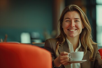 Poster - A woman sitting at a table with a cup of coffee. Suitable for cafe or lifestyle concepts