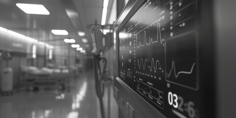 Canvas Print - A black and white photo of a hospital room. Suitable for medical and healthcare concepts