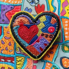 colorful embroidered heart-shaped patch with abstract patterns on a vibrant background. decorative a
