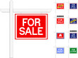 Vector illustration of a variety of different real estate for sale/for rent signs.