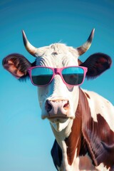 Wall Mural - A brown and white cow looking fashionable in pink sunglasses. Suitable for farm or summer concept