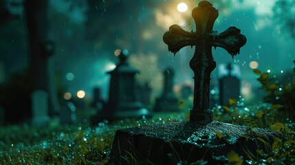 Poster - A cross on a grave in a cemetery at night. Suitable for spooky themes