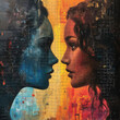 A colorful puzzle of A beautiful woman facing each other and looking into their eyes, representing  the complex nature of life and the beauty found in love and relationship