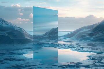 A mysterious vertical rectangle rests on a calm water surface, casting a reflection of an abstract geometric shape. Surrounding the scene are blue sand dunes under a bright sky