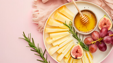 Cheese plate, honey, figs, grapes on an isolated light pink background, top view.