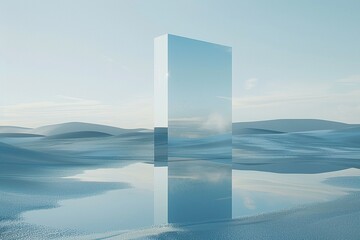 A mysterious vertical rectangle rests on a calm water surface, casting a reflection of an abstract geometric shape. Surrounding the scene are blue sand dunes under a bright sky