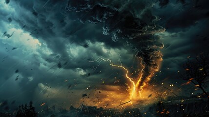 Wall Mural - a striking image of a large cloud of smoke and lightning in the sky. perfect for illustrating extrem