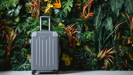 Gray suitcase in a background of tropical leaves, vacation concept business vacation design 