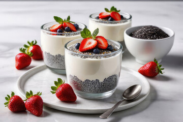 Wall Mural - Chia yogurt with strawberry sauce and strawberry in glass jar on a white marble table, summer breakfast.