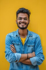 Sticker - A man in a denim shirt and glasses standing in front of a yellow wall. Suitable for business and casual concepts